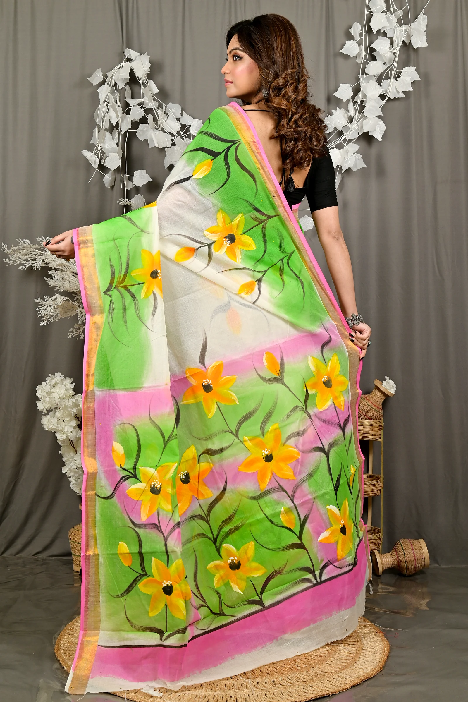 Multi-Coloured Pure Cotton Hataka Hand Painted Saree (9078)