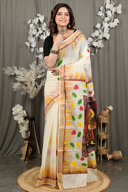 Multi-Coloured Pure Cotton Hataka Hand Painted Saree (9079)