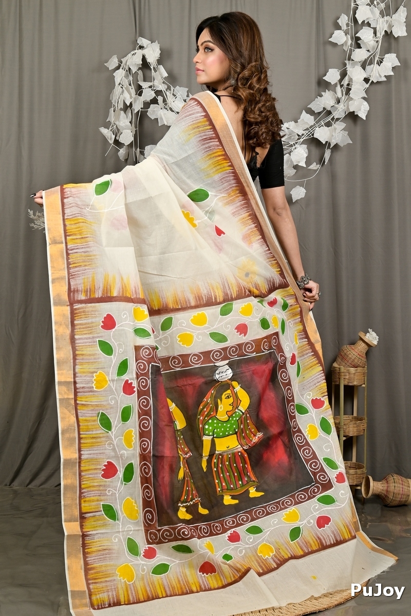 Multi-Coloured Pure Cotton Hataka Hand Painted Saree (9079)