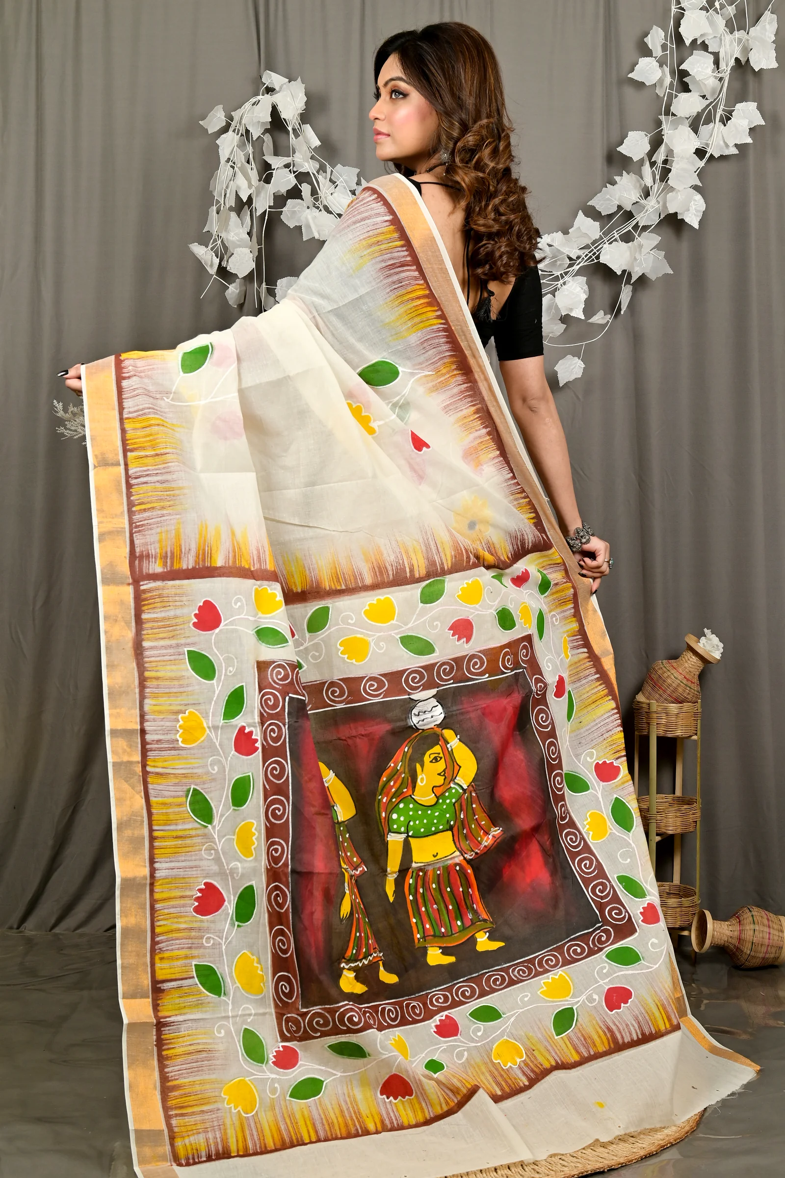 Multi-Coloured Pure Cotton Hataka Hand Painted Saree (9079)