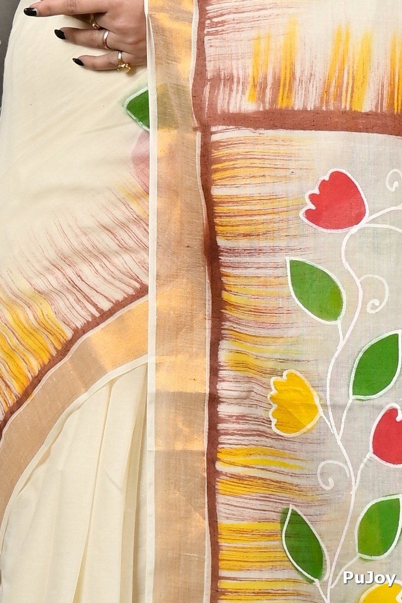 Multi-Coloured Pure Cotton Hataka Hand Painted Saree (9079)