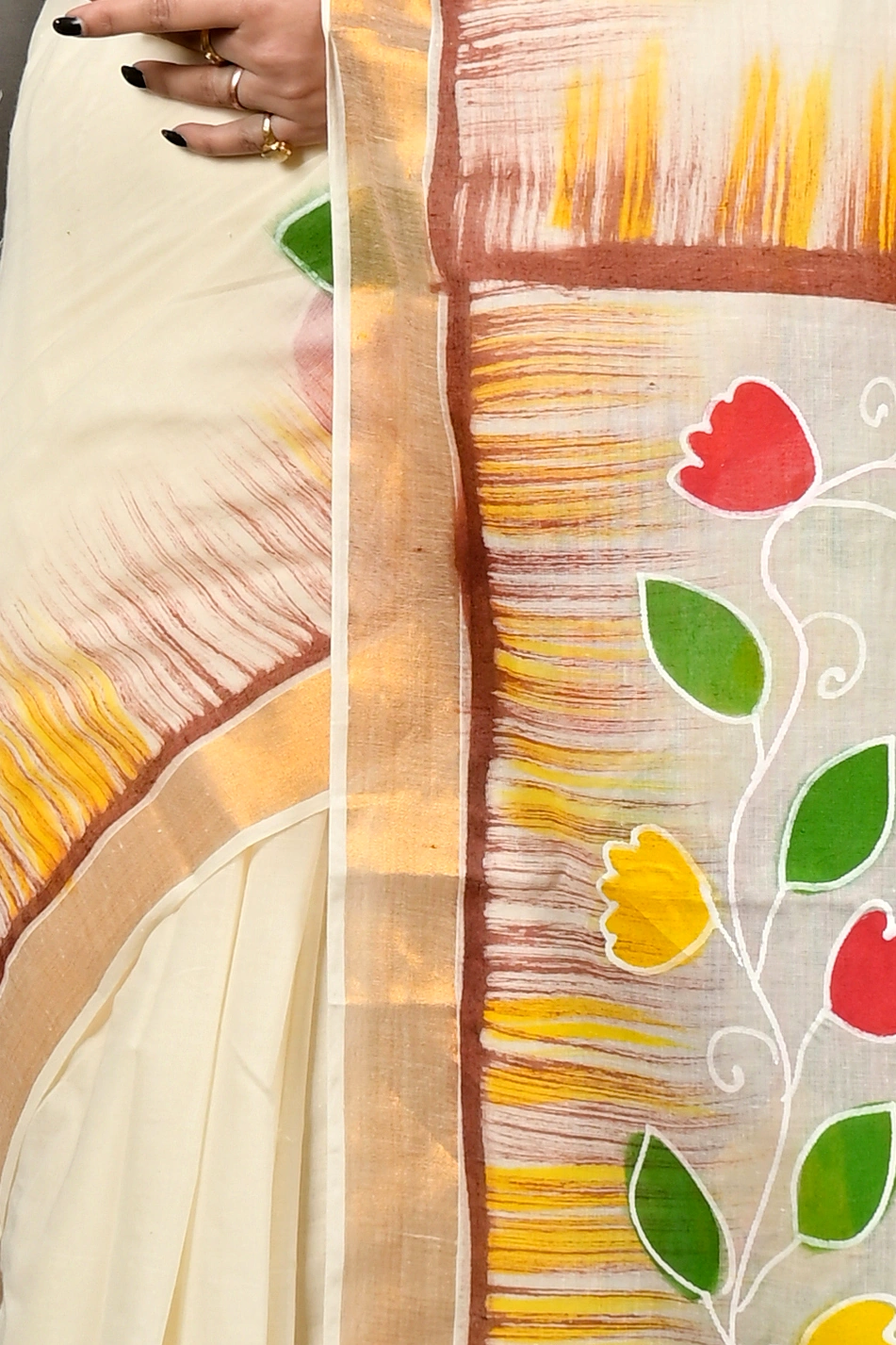 Multi-Coloured Pure Cotton Hataka Hand Painted Saree (9079)