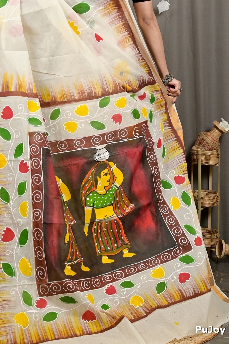Multi-Coloured Pure Cotton Hataka Hand Painted Saree (9079)