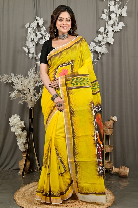 Yellow Pure Cotton Hataka Hand Painted Saree (9080)