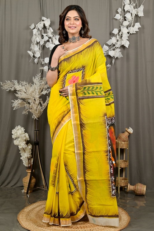 Yellow Pure Cotton Hataka Hand Painted Saree (9080)