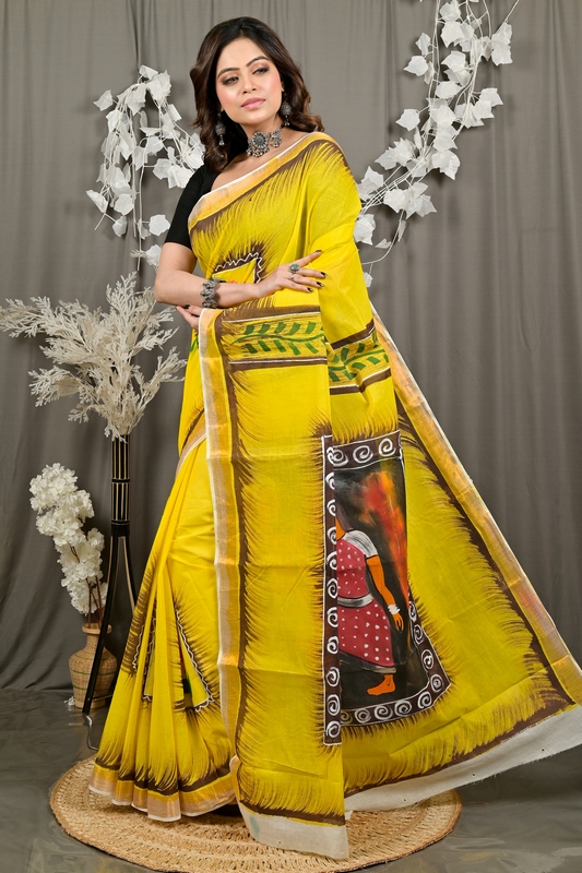 Yellow Pure Cotton Hataka Hand Painted Saree (9080)