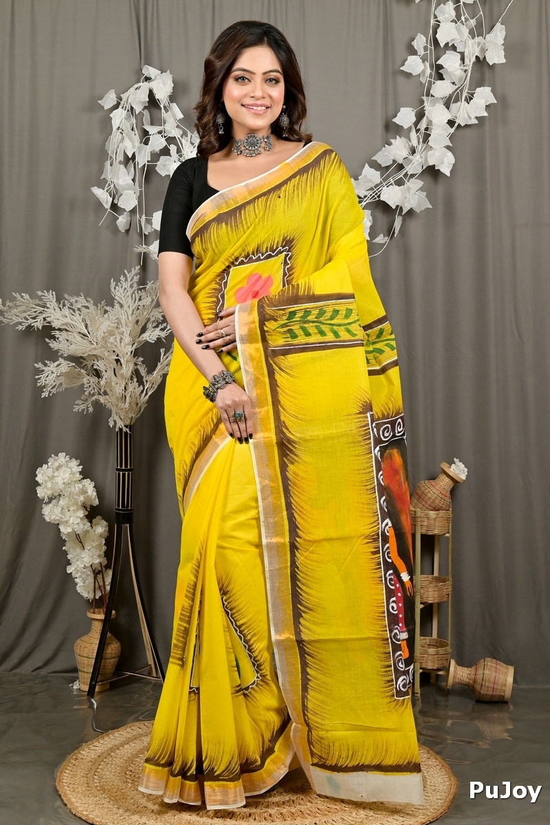 Yellow Pure Cotton Hataka Hand Painted Saree (9080)