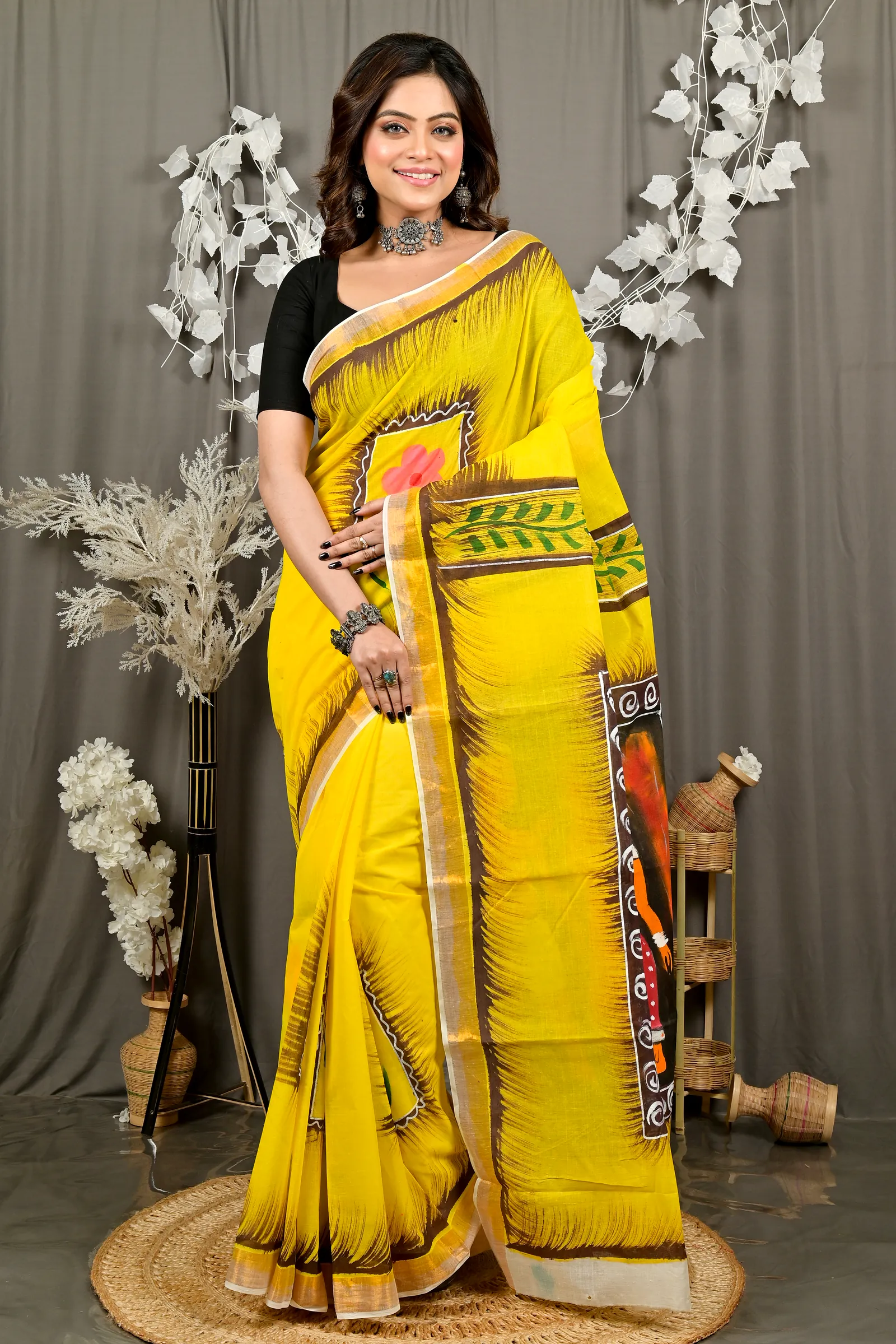 Yellow Pure Cotton Hataka Hand Painted Saree (9080)