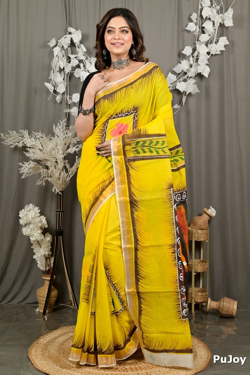 Yellow Pure Cotton Hataka Hand Painted Saree (9080)