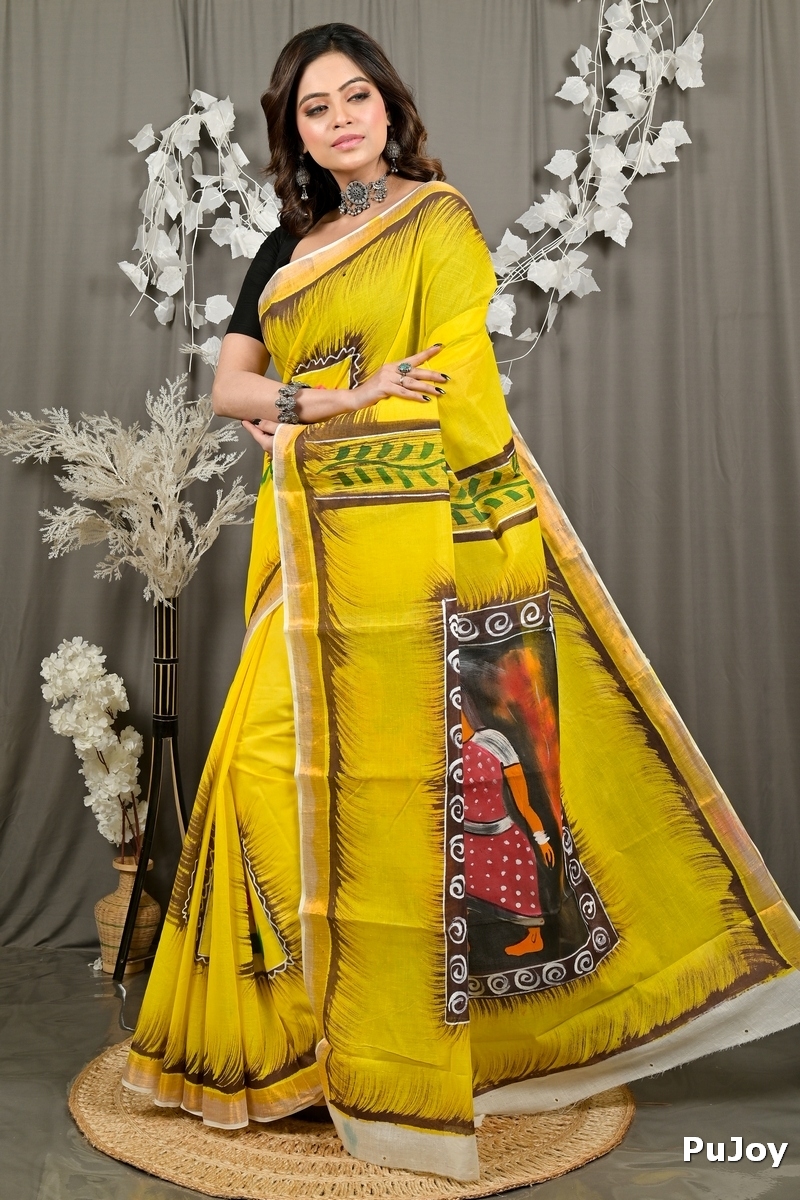 Yellow Pure Cotton Hataka Hand Painted Saree (9080)