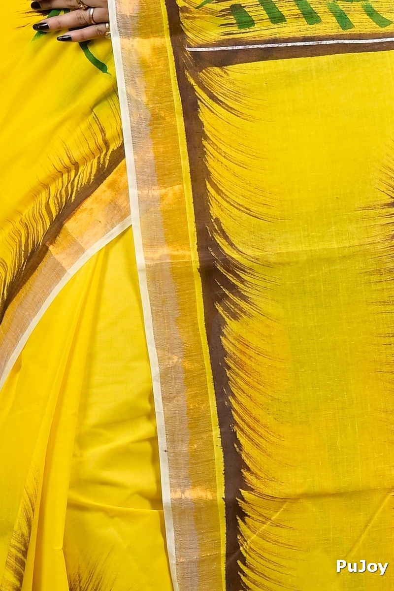 Yellow Pure Cotton Hataka Hand Painted Saree (9080)