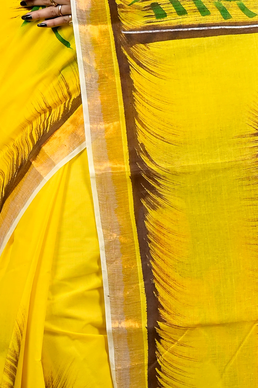 Yellow Pure Cotton Hataka Hand Painted Saree (9080)