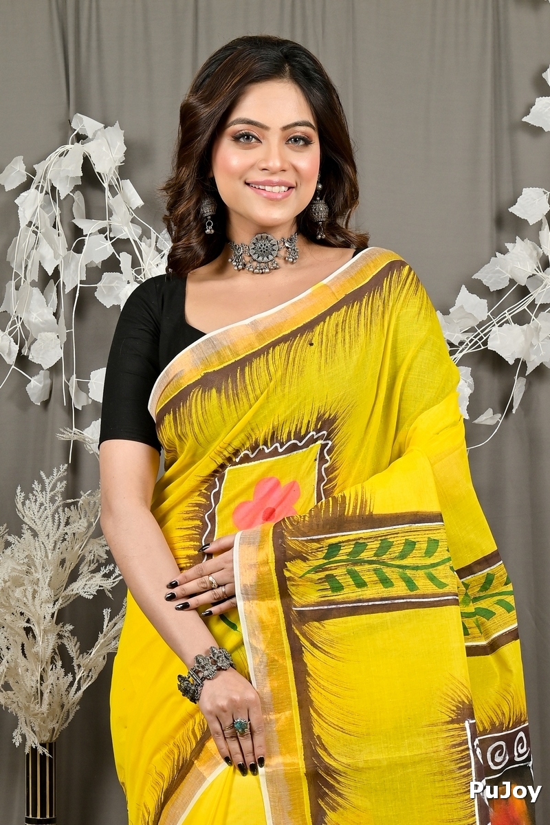 Yellow Pure Cotton Hataka Hand Painted Saree (9080)
