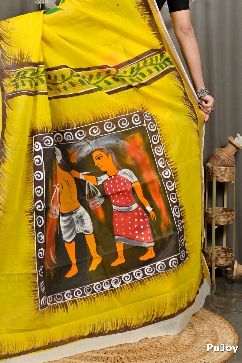 Yellow Pure Cotton Hataka Hand Painted Saree (9080)