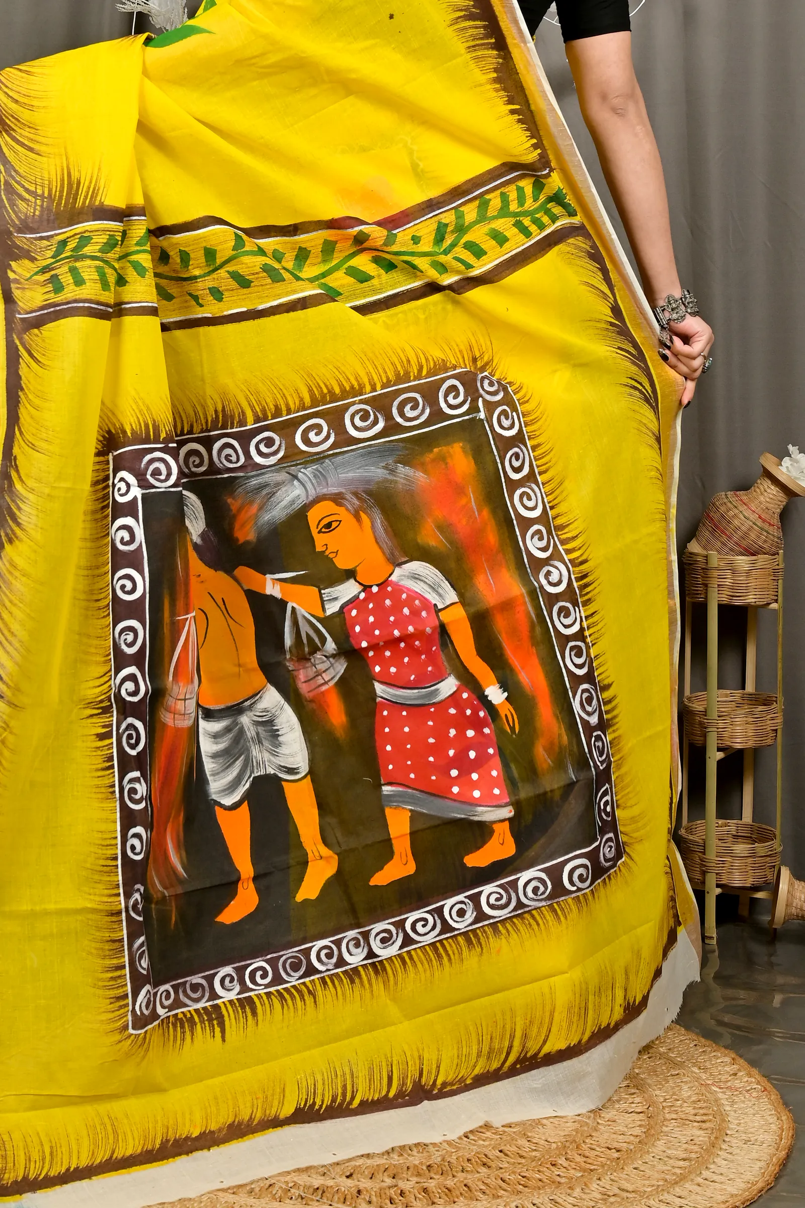 Yellow Pure Cotton Hataka Hand Painted Saree (9080)