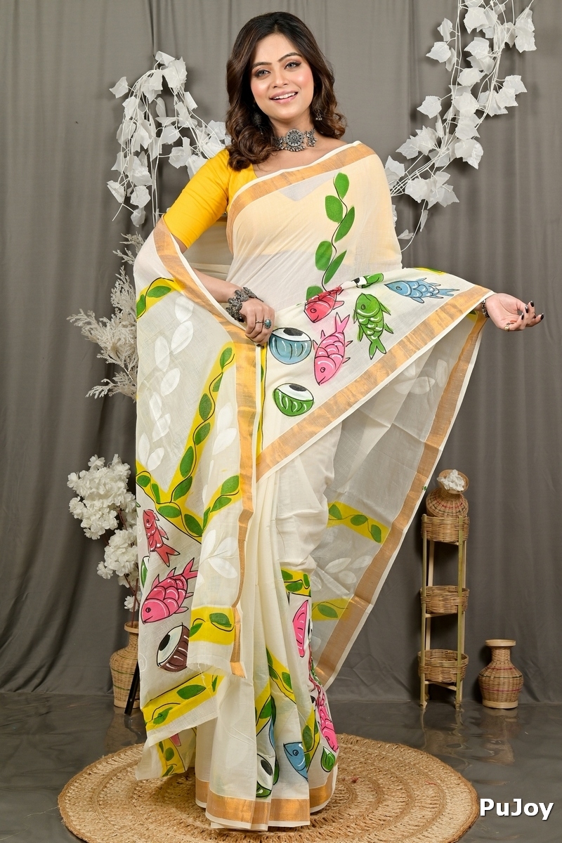 Multi-Coloured Pure Cotton Hataka Hand Painted Saree (9081)