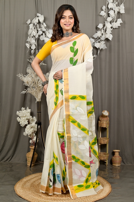 Multi-Coloured Pure Cotton Hataka Hand Painted Saree (9081)
