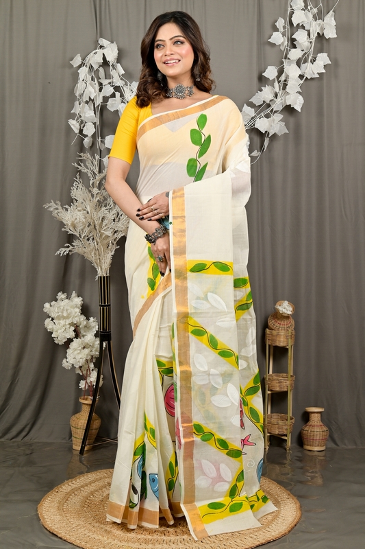 Multi-Coloured Pure Cotton Hataka Hand Painted Saree (9081)