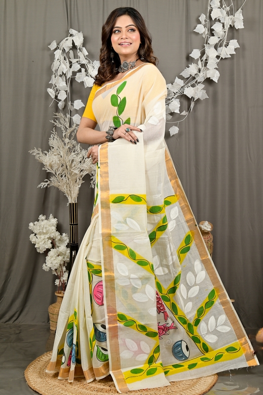 Multi-Coloured Pure Cotton Hataka Hand Painted Saree (9081)