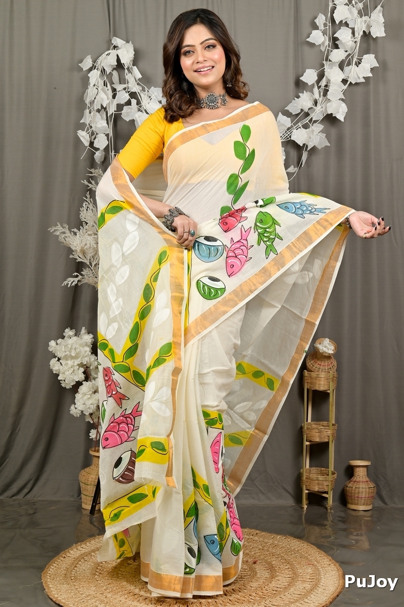 Multi-Coloured Pure Cotton Hataka Hand Painted Saree (9081)