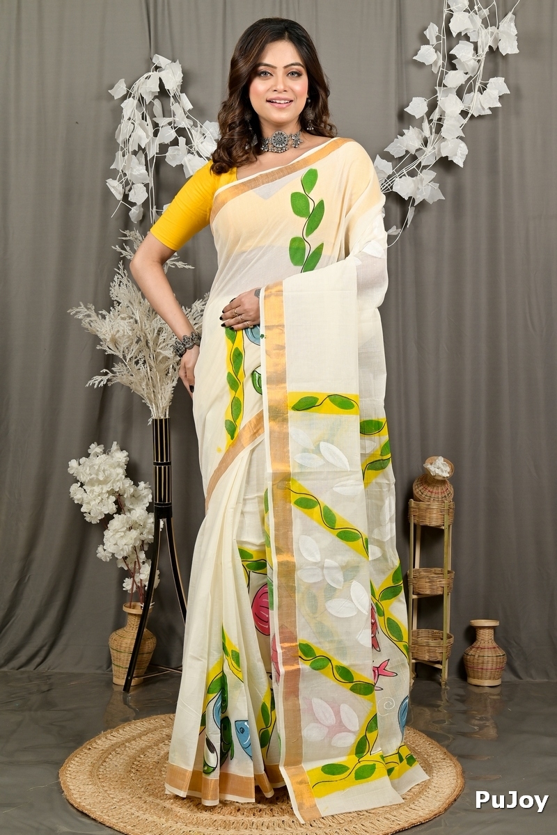 Multi-Coloured Pure Cotton Hataka Hand Painted Saree (9081)