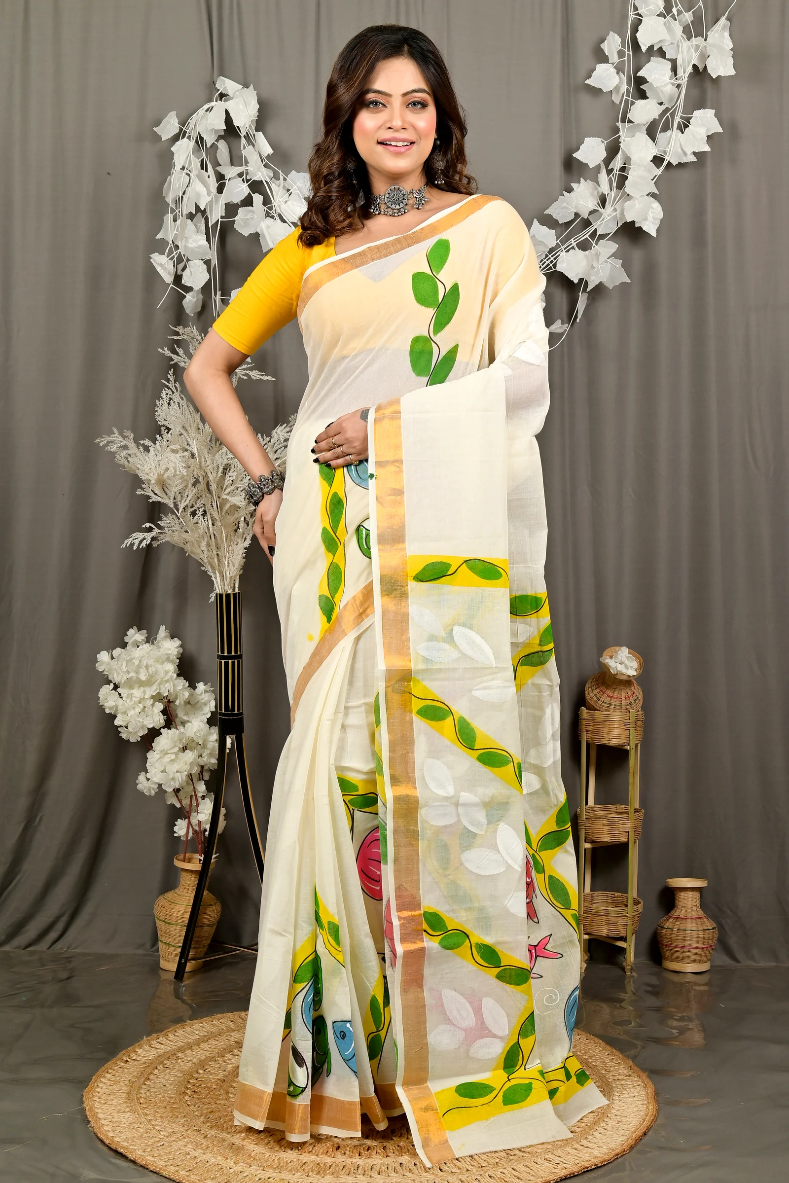 Multi-Coloured Pure Cotton Hataka Hand Painted Saree (9081)