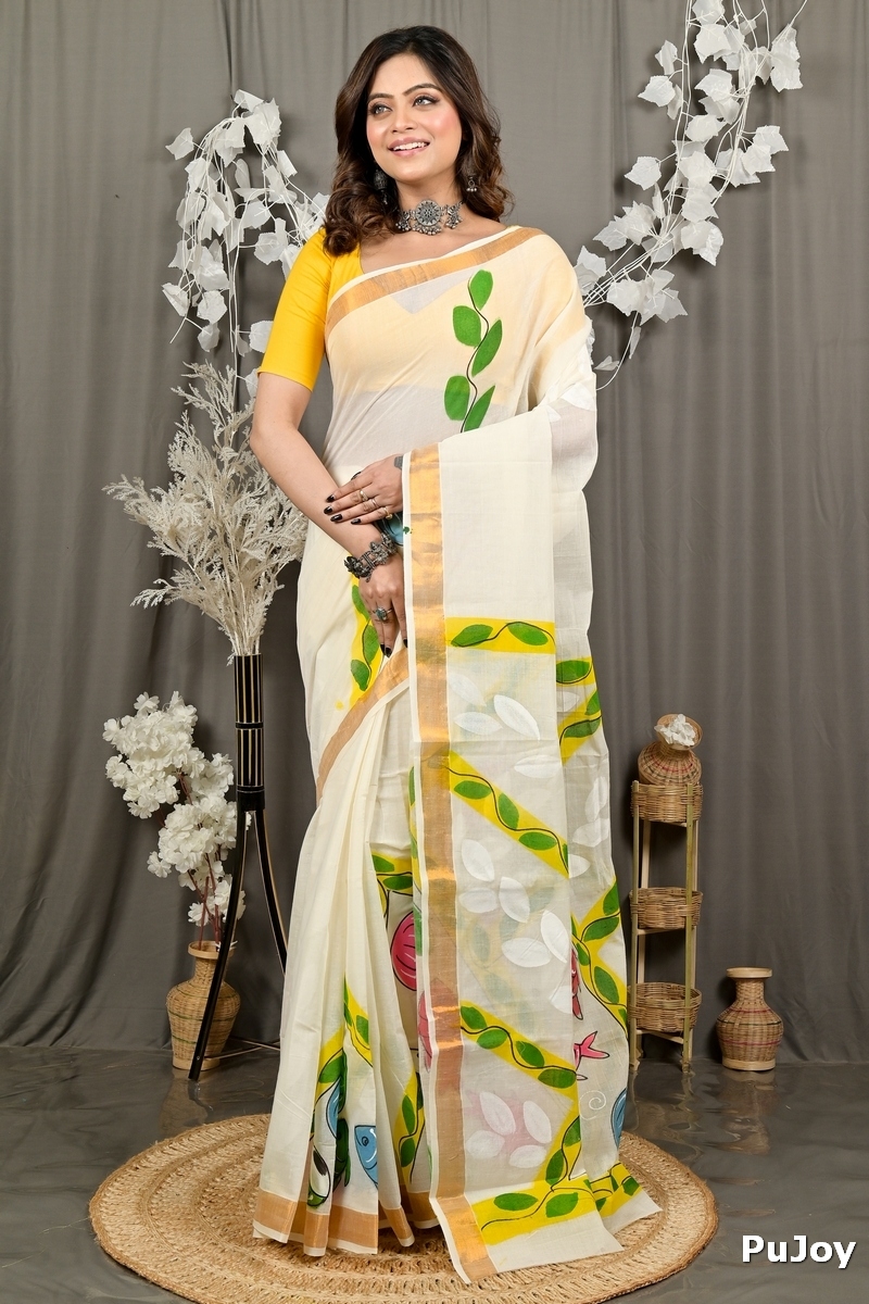 Multi-Coloured Pure Cotton Hataka Hand Painted Saree (9081)