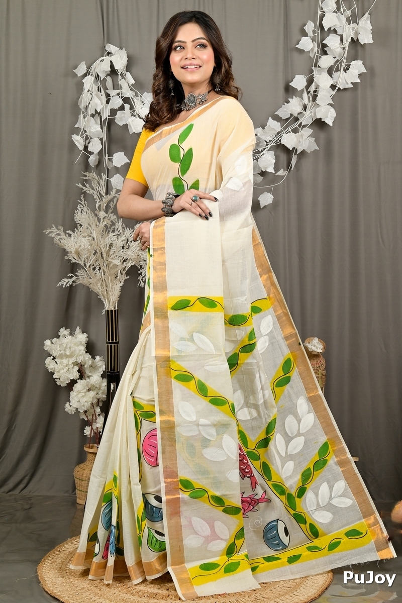 Multi-Coloured Pure Cotton Hataka Hand Painted Saree (9081)