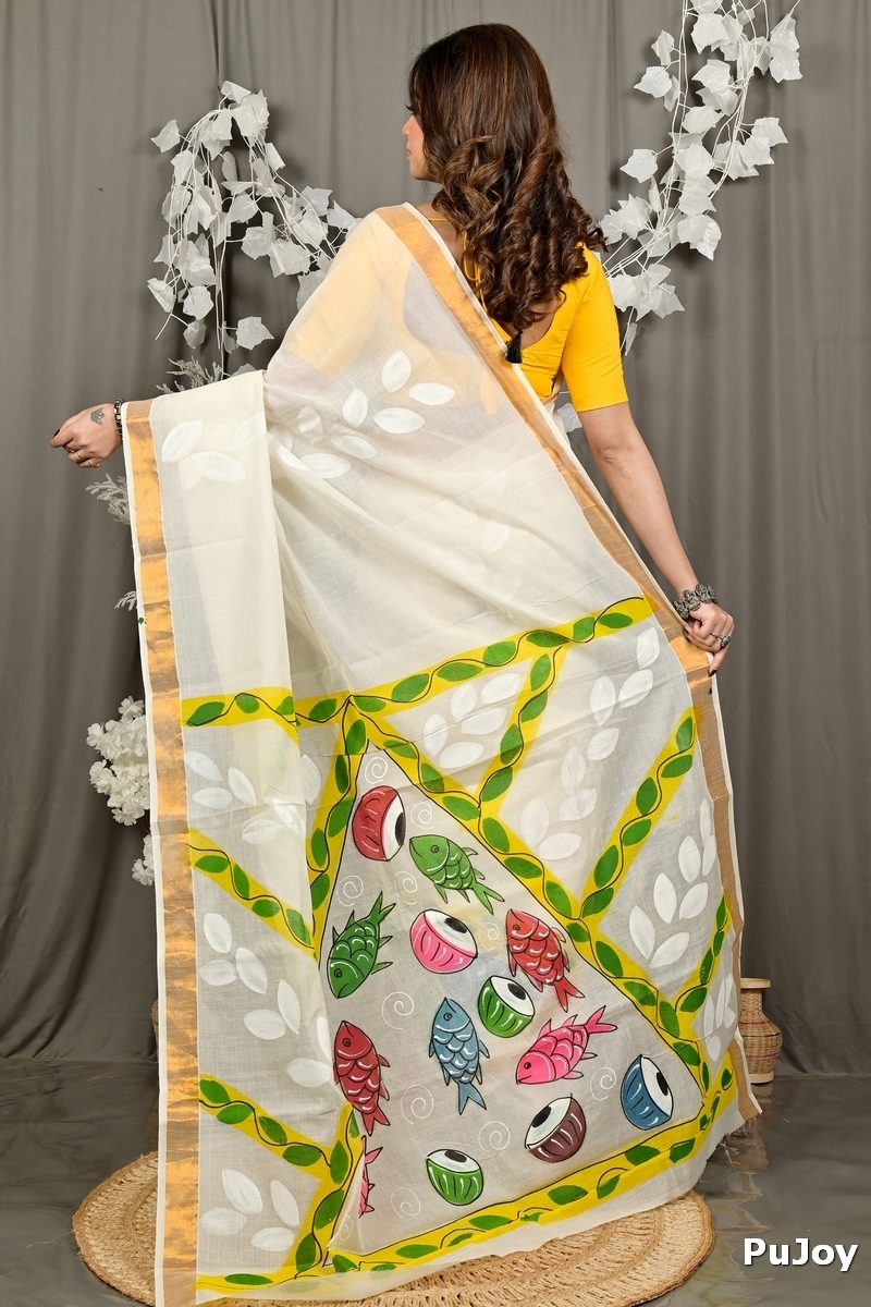 Multi-Coloured Pure Cotton Hataka Hand Painted Saree (9081)