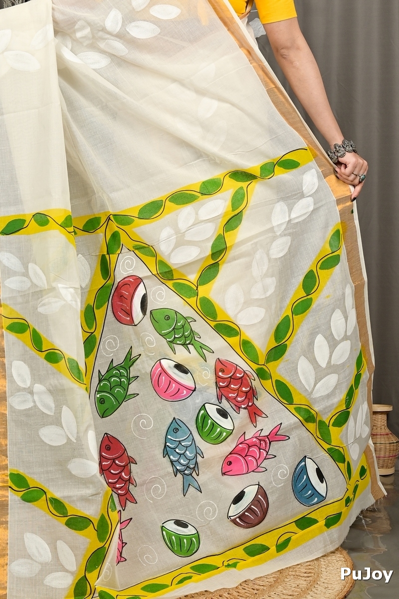 Multi-Coloured Pure Cotton Hataka Hand Painted Saree (9081)