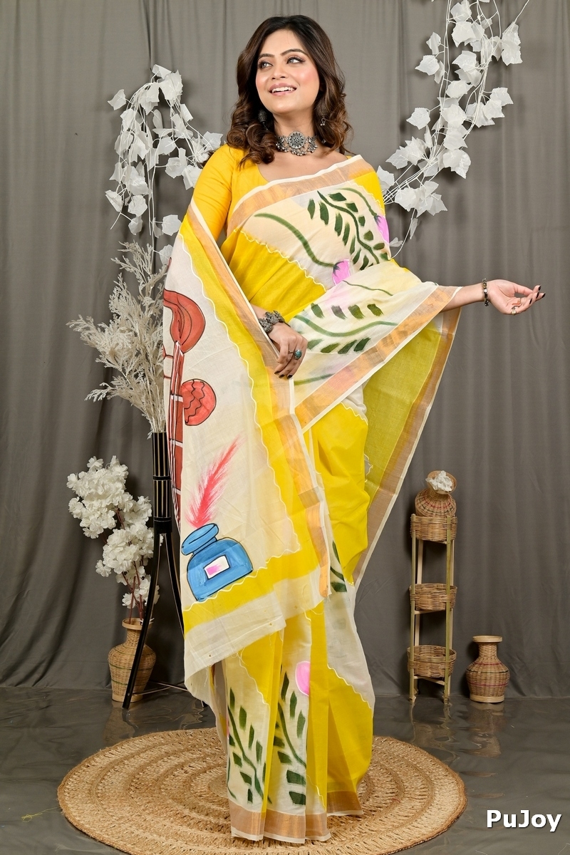 Yellow Pure Cotton Hataka Hand Painted Saree (9082)