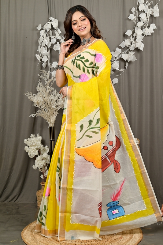 Yellow Pure Cotton Hataka Hand Painted Saree (9082)
