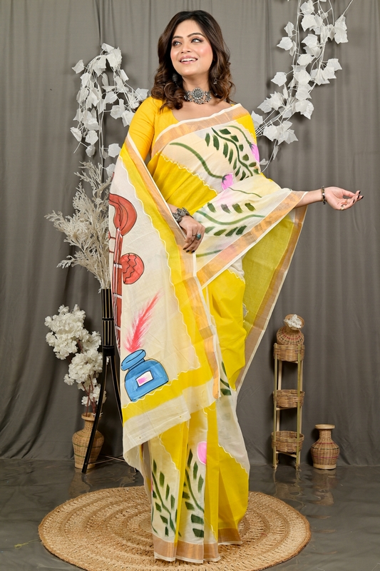 Yellow Pure Cotton Hataka Hand Painted Saree (9082)