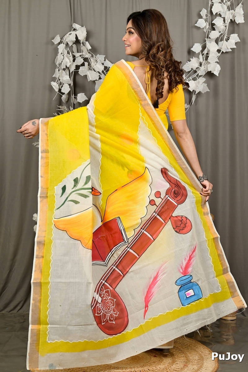 Yellow Pure Cotton Hataka Hand Painted Saree (9082)