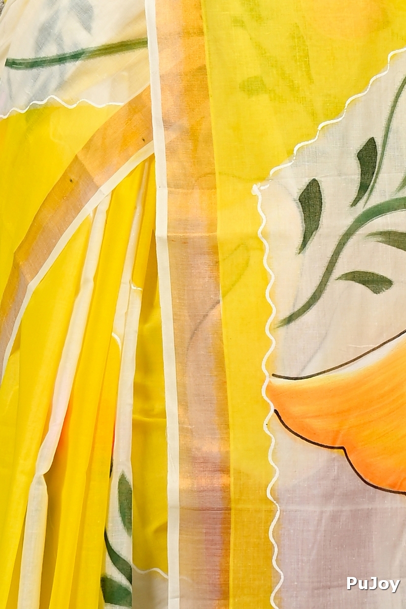Yellow Pure Cotton Hataka Hand Painted Saree (9082)