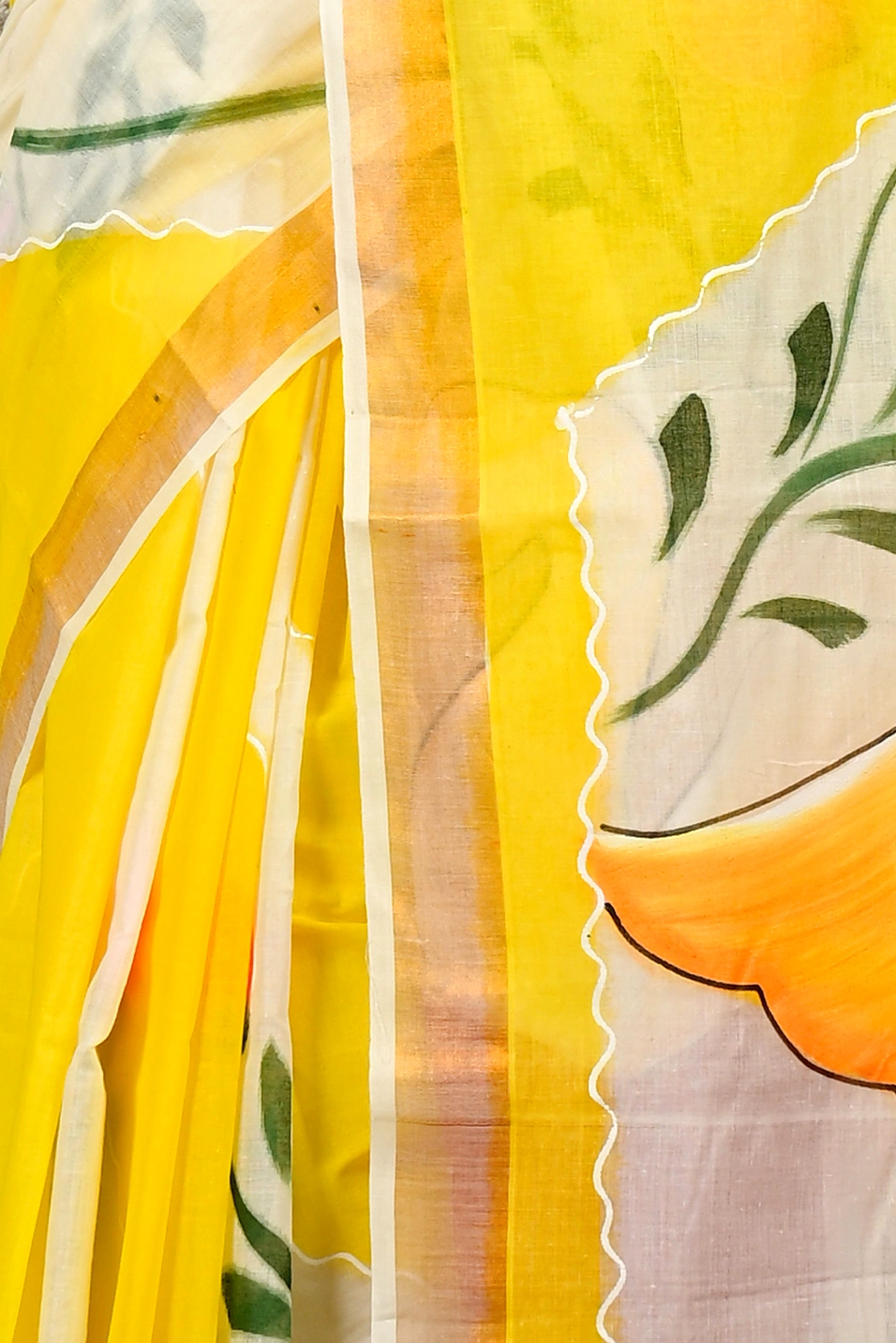 Yellow Pure Cotton Hataka Hand Painted Saree (9082)