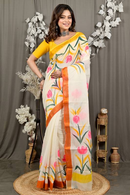Multi-Coloured Pure Cotton Hataka Hand Painted Saree (9083)