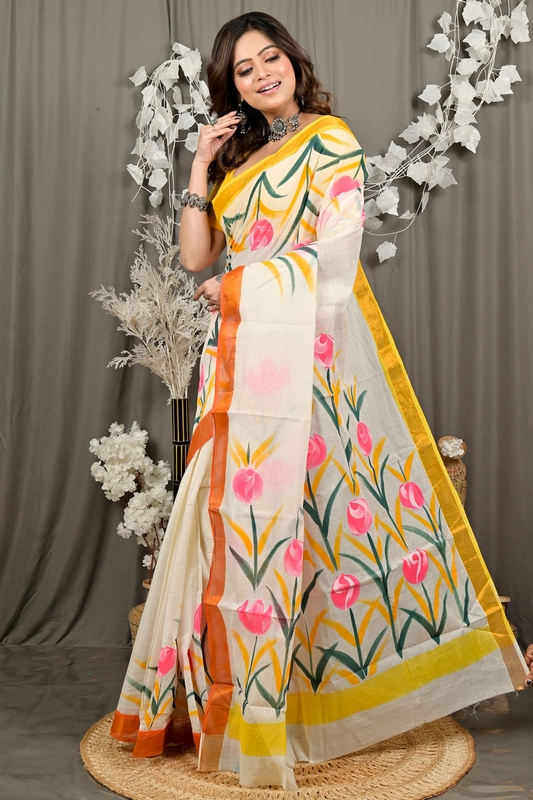 Multi-Coloured Pure Cotton Hataka Hand Painted Saree (9083)