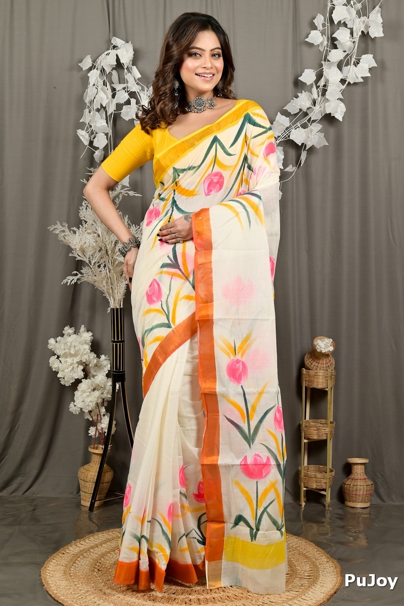 Multi-Coloured Pure Cotton Hataka Hand Painted Saree (9083)