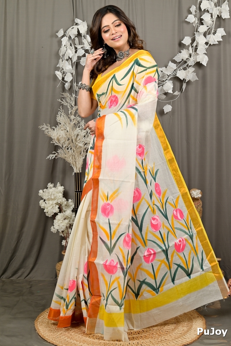 Multi-Coloured Pure Cotton Hataka Hand Painted Saree (9083)
