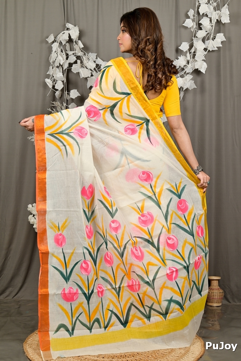 Multi-Coloured Pure Cotton Hataka Hand Painted Saree (9083)