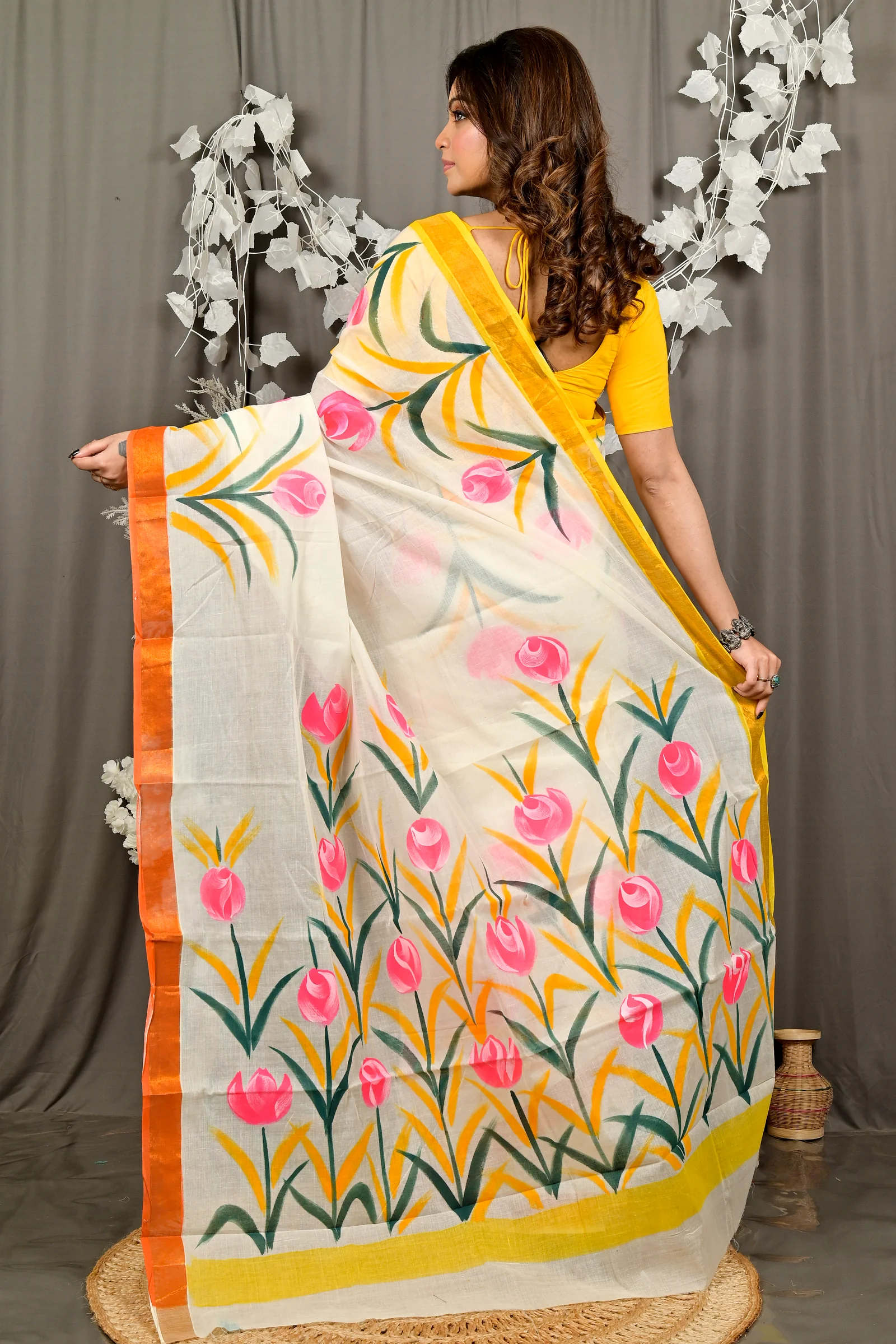 Multi-Coloured Pure Cotton Hataka Hand Painted Saree (9083)