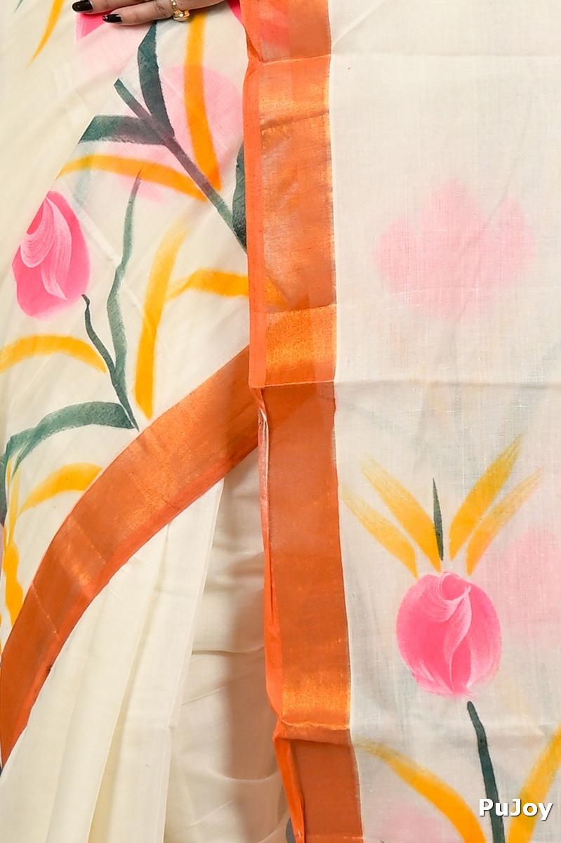 Multi-Coloured Pure Cotton Hataka Hand Painted Saree (9083)