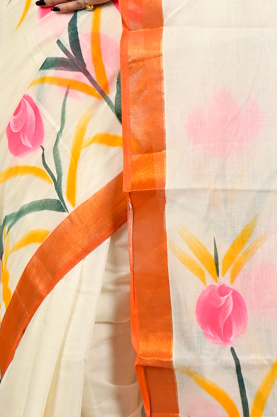 Multi-Coloured Pure Cotton Hataka Hand Painted Saree (9083)