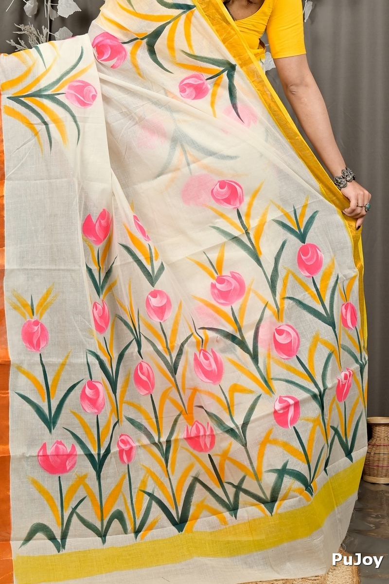 Multi-Coloured Pure Cotton Hataka Hand Painted Saree (9083)
