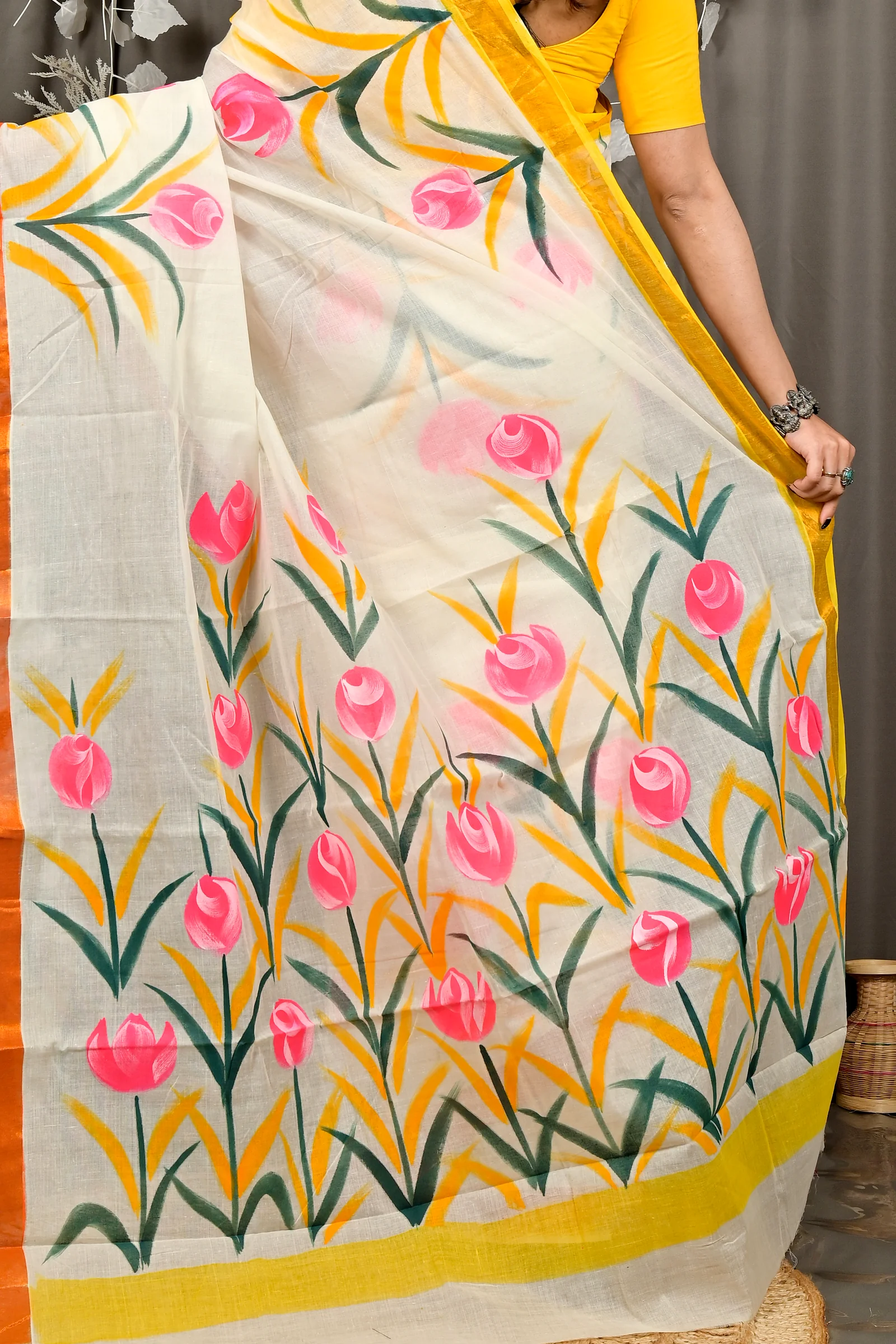 Multi-Coloured Pure Cotton Hataka Hand Painted Saree (9083)