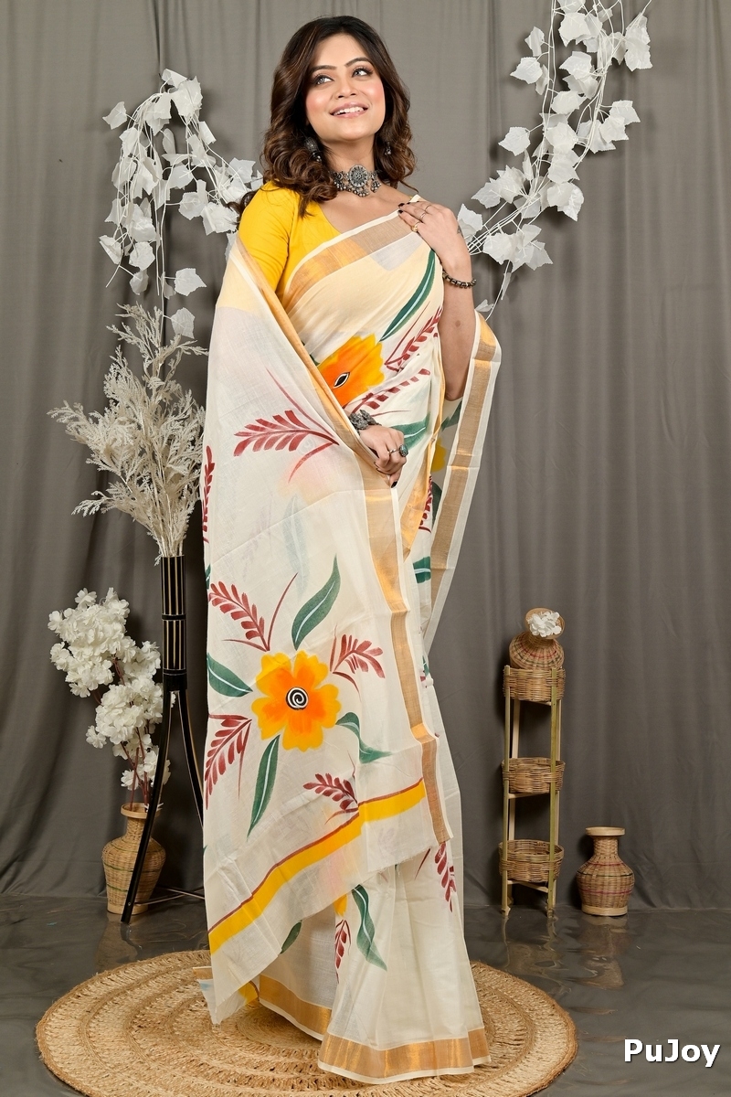 Multi-Coloured Pure Cotton Hataka Hand Painted Saree (9084)