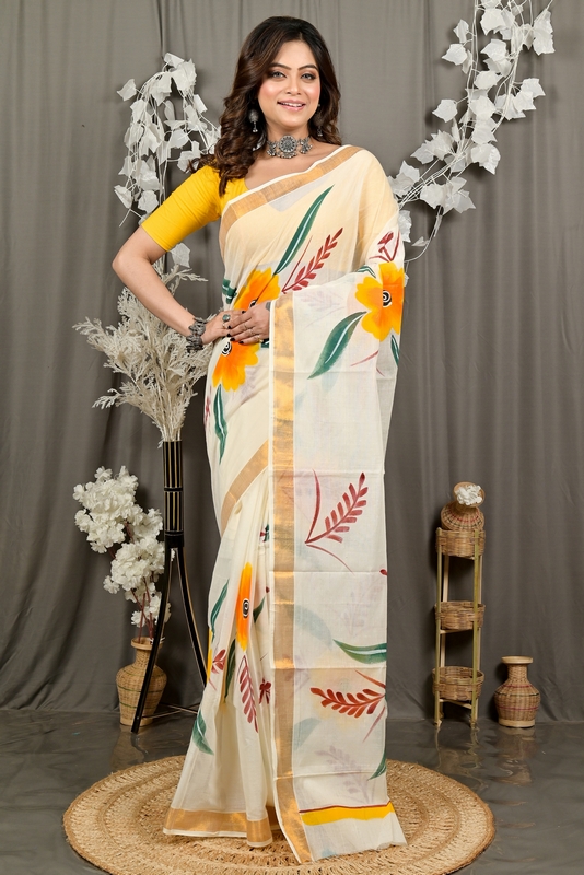 Multi-Coloured Pure Cotton Hataka Hand Painted Saree (9084)