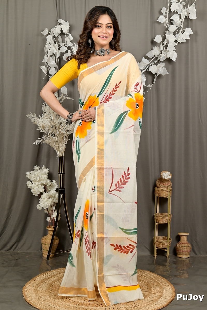Multi-Coloured Pure Cotton Hataka Hand Painted Saree (9084)