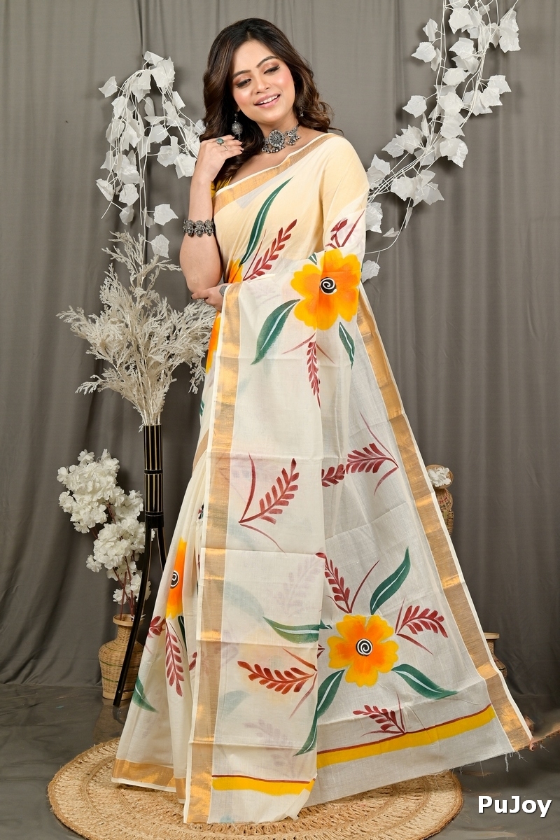 Multi-Coloured Pure Cotton Hataka Hand Painted Saree (9084)